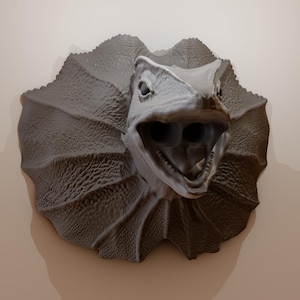 Peut inclure: Modèle imprimé en 3D d'une tête de lézard à collerette avec la bouche ouverte, montrant ses dents. Le lézard est brun et gris avec une collerette autour du cou.