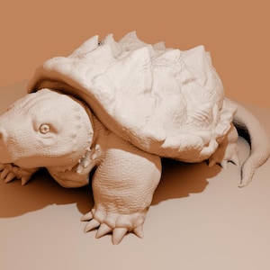 May include: A white, 3D-rendered model of a snapping turtle with a textured shell and a detailed head. The turtle is posed with its head turned to the side and its legs extended.