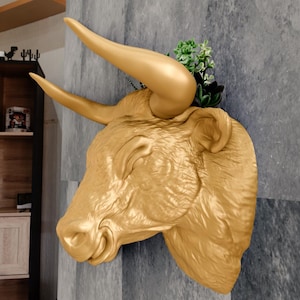 May include: A gold-colored bull head sculpture mounted on a gray wall. The sculpture has a textured surface and a small plant growing out of the top of its head.