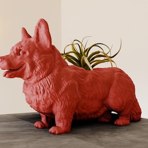 Może przedstawiać: Czerwona ceramiczna doniczka w kształcie psa rasy corgi z zieloną rośliną powietrzną w środku.