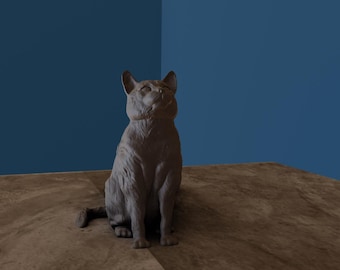 May include: A grey cat figurine sitting on a brown surface, looking up with its mouth slightly open.
