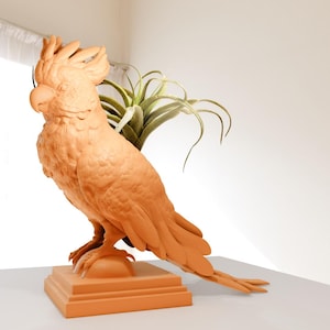 Puede incluir: Un macetero de cerámica de color terracota con forma de cacatúa con una pequeña planta de aire creciendo en su interior.