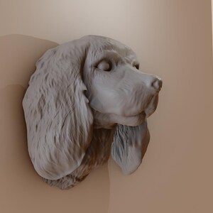 May include: A white plaster sculpture of a dog's head, with floppy ears and a closed mouth. The sculpture is mounted on a wall.