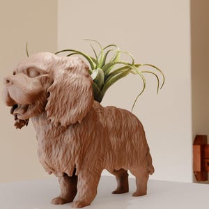 May include: A brown ceramic dog planter with a green air plant growing out of the top. The dog planter is standing on a white surface.