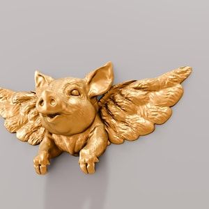 May include: A gold-coloured pig sculpture with wings, flying in mid-air. The pig has a happy expression and is facing forward.