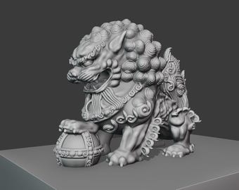 May include: A gray stone sculpture of a lion holding a sphere. The lion is detailed with intricate carvings and has a fierce expression.