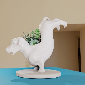 Peut inclure: Plante en céramique blanche en forme de teckel, debout sur ses pattes arrière avec ses pattes avant en l'air. Le pot est rempli de succulentes vertes.