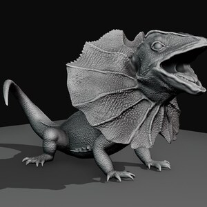 Peut inclure: Modèle 3D d'un lézard à collerette avec la bouche ouverte, montrant ses dents. Le lézard a une grande collerette autour du cou, ce qui est une caractéristique distinctive de cette espèce.