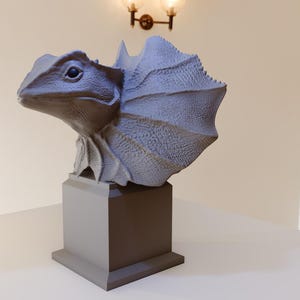 Peut inclure: Buste sculpté en gris d'un lézard à collerette sur un piédestal gris. La collerette du lézard est entièrement déployée et sa tête est légèrement inclinée sur le côté.
