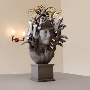 Könnte beinhalten: Eine graue Steinbüste der Medusa, einer mythischen griechischen Figur mit Schlangenhaaren, auf einem quadratischen Sockel. Die Schlangen sind realistisch modelliert und chaotisch um den Kopf angeordnet.