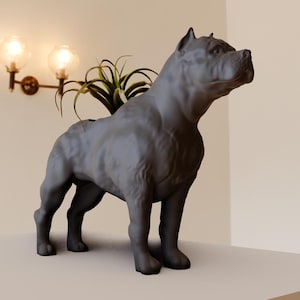 Könnte beinhalten: Ein schwarzer Keramik-Pflanztopf in Form eines Hundes, mit einer kleinen grünen Pflanze, die darin wächst. Der Topf steht auf einer weißen Oberfläche.