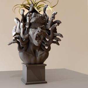 Könnte beinhalten: Eine graue Büste der Medusa, der griechischen mythologischen Figur mit Schlangenhaaren, auf einem quadratischen Sockel. Die Skulptur ist aus einem glatten, matten Material gefertigt und zeigt eine realistische Darstellung von Medusas Gesicht mit einem grimmigen Ausdruck.