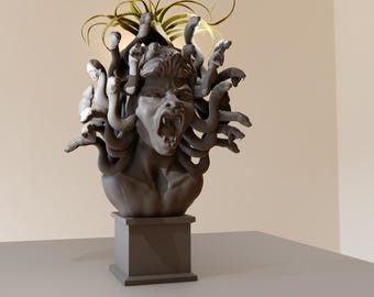 May include: A gray bust sculpture of Medusa, the Greek mythological figure with snakes for hair, on a square pedestal. The sculpture is made of a smooth, matte material and has a realistic depiction of Medusa's face with a fierce expression.