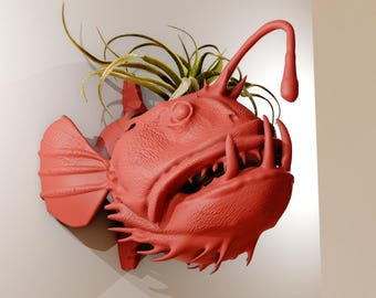 Tête de baudroie à montage mural, pot de fleurs, vase à fleurs, impression 3D, fichier STL