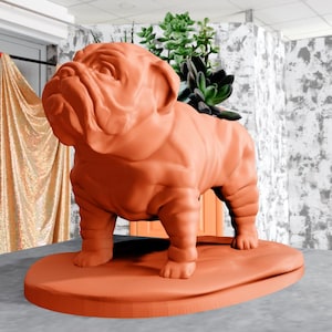 Peut inclure: Un pot de fleurs en forme de bouledogue en terre cuite avec une plante succulente qui pousse à l'intérieur. Le pot est posé sur une surface grise.