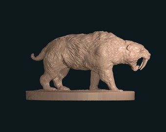 May include: A detailed, beige-colored sculpture of a saber-toothed cat with large fangs. The sculpture is standing on a circular base.