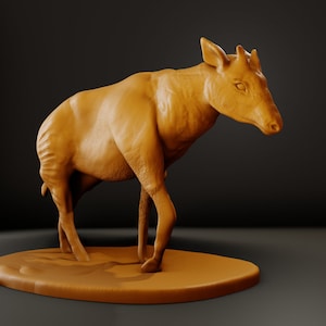 May include: A brown, sculpted figurine of a prehistoric animal, possibly a deer or antelope, standing on a brown base. The figurine is detailed with fur and has a long, slender neck.