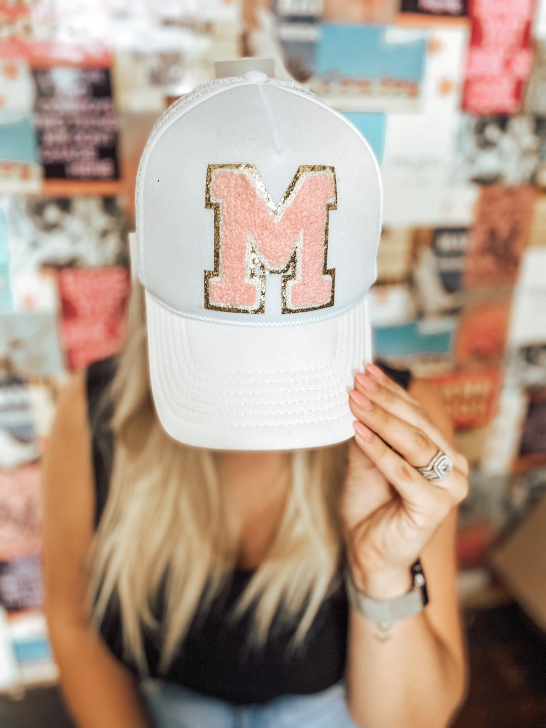White Trucker Hat With Initial Letter Patch Hat Custom Etsy