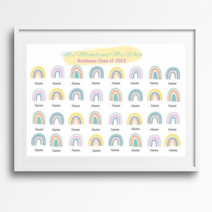 Może przedstawiać: Tablica do klasy z tęczowym wzorem dla każdego imienia ucznia. Tablica nosi tytuł "Mrs Mitchell and Mrs White Rainbows Class of 2023".