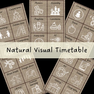 Pode incluir: Um horário visual para crianças com imagens que representam diferentes atividades, como tempo de tapete, tempo de brincar, hora do almoço, tempo de círculo, lanche, lavar as mãos, informática, tempo em casa, educação física, leitura, escrita, pausa para o cérebro, discoteca de massa, biblioteca, aprendizagem ao ar livre, arte, ciências, história, geografia e inglês.