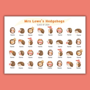 May include: A printable classroom chart with the title "Mrs Lowe's Hedgehogs, Class of 2024". The chart features 36 illustrated hedgehogs with spaces for names below each hedgehog.
