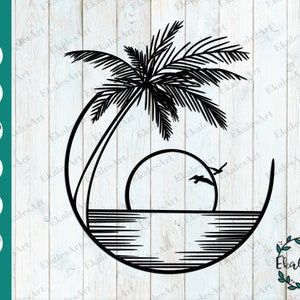 Palm Trees SVG File, Tropical Sunset Cut File, Palm Tree SVG, Beach Scene Template, Digital Download - Eps, Pdf, Dxf, Cdr, Png, Ai