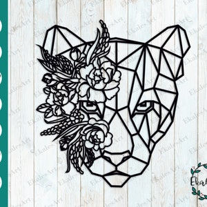 Peut inclure: Design d'art en ligne géométrique d'un visage de panthère avec des accents floraux. Le visage de la panthère est noir et les fleurs sont blanches.