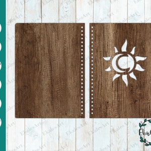 太陽と月のノートブック レーザーカット ファイル、Glowforge ノートブック カバー SVG カット ファイル、カバー テンプレート、プランナー A5 A4 - Eps、Pdf、Dxf、Cdr - 8 サイズ