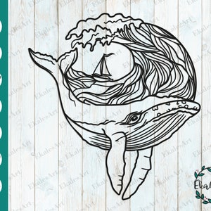 Wal und Welle SVG Datei, Blauwal Svg, Sea Animal Svg Cut File, Ocean Wave Svg, Ocean Scene Svg - Eps, Pdf, Dxf, Cdr, Png, Ai