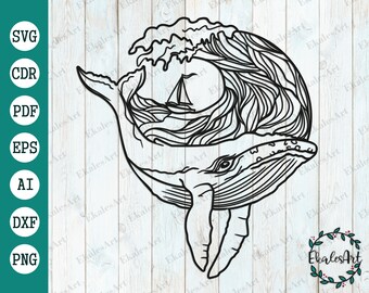Whale and Wave SVG file, Blue Whale Svg, Sea Animal Svg Cut File, Ocean Wave Svg, Ocean Scene Svg - Eps, Pdf, Dxf, Cdr, Png, Ai