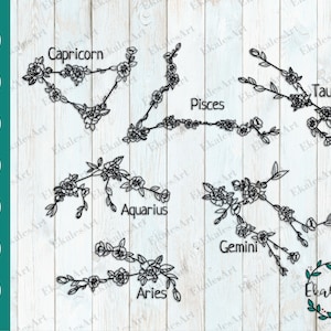 Arquivo SVG de Сonstelações, Arquivo de corte Svg de horóscopo, Сonstelações florais SVG, Capricórnio, Peixes, Touro, Áries - Eps, Pdf, Dxf, Ai, Cdr, Png
