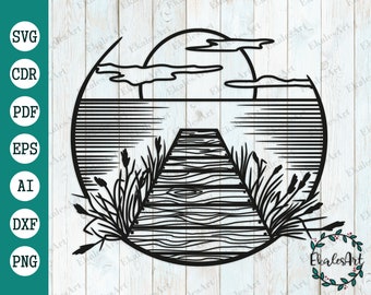 Sunset Pier SVG: Lake Scene Template, Cnc Router Files (Digital Download)