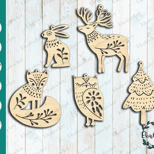 Laser Svg kerstversieringen, bos dieren Svg, kerstboomversieringen SVG, Glowforge Vector, Instant Download - Eps, Pdf, Dxf