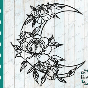 Flower Moon Svg, Crescent Moon Svg, Floral Lunar Svg Cut File, Mystical Moon Svg, Celestial Clipart  - Eps, Pdf, Dxf, Ai, Cdr, Png