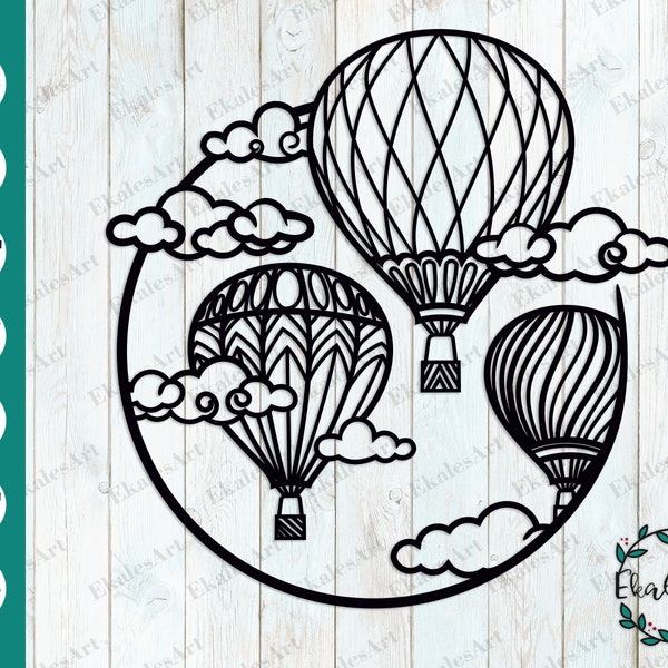 Hot Air Balloons in Circle SVG File, Round Cut File, Sky Adventure Svg, Balloon Template, Travel Svg, Laser Cut Shapes - Eps, Pdf, Dxf, Cdr