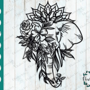 May include: A black and white digital illustration of an elephant's head with a floral design. The elephant's head is surrounded by flowers, leaves, and a mandala design.