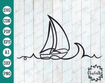 Sailboat SVG, Sail Boat Svg, Sailing Svg, Nautical Clipart, Sailboat One Line, Nautical Svg, Waves Svg, Ocean Svg - Eps, Pdf, Dxf, Ai, Png