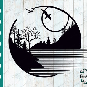 Lake Scene SVG, Lake Life Cut File - Lake Silhouette Svg - Mountain Scene Template - Circle Wall Art Svg - Eps, Pdf, Dxf, Cdr, Png