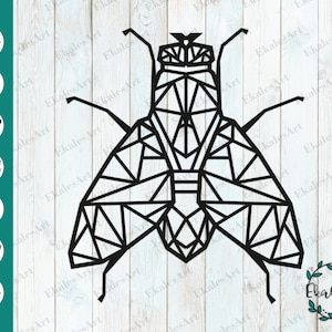 May include: Black geometric fly design with the text "SVG, CDR, PDF, EPS, AI, DXF, PNG" on a white wood grain background. The fly is made of black lines and shapes. The image also includes the text "EkalesArt".