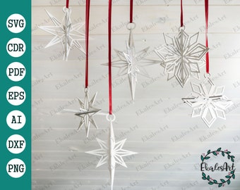 Christmas Star Svg, Plywood 3 mm, Christmas Ornaments SVG, 6 Pieces Christmas Set Cut File, Merry Christmas Svg - Eps, Pdf, Dxf, Cdr, Ai