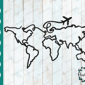 Trip around The World SVG File, World Map Cut File, World Map Svg, Plane Svg, Airplane Svg, Cnc Router Files - Eps, Pdf, Dxf, Cdr, Png, Ai