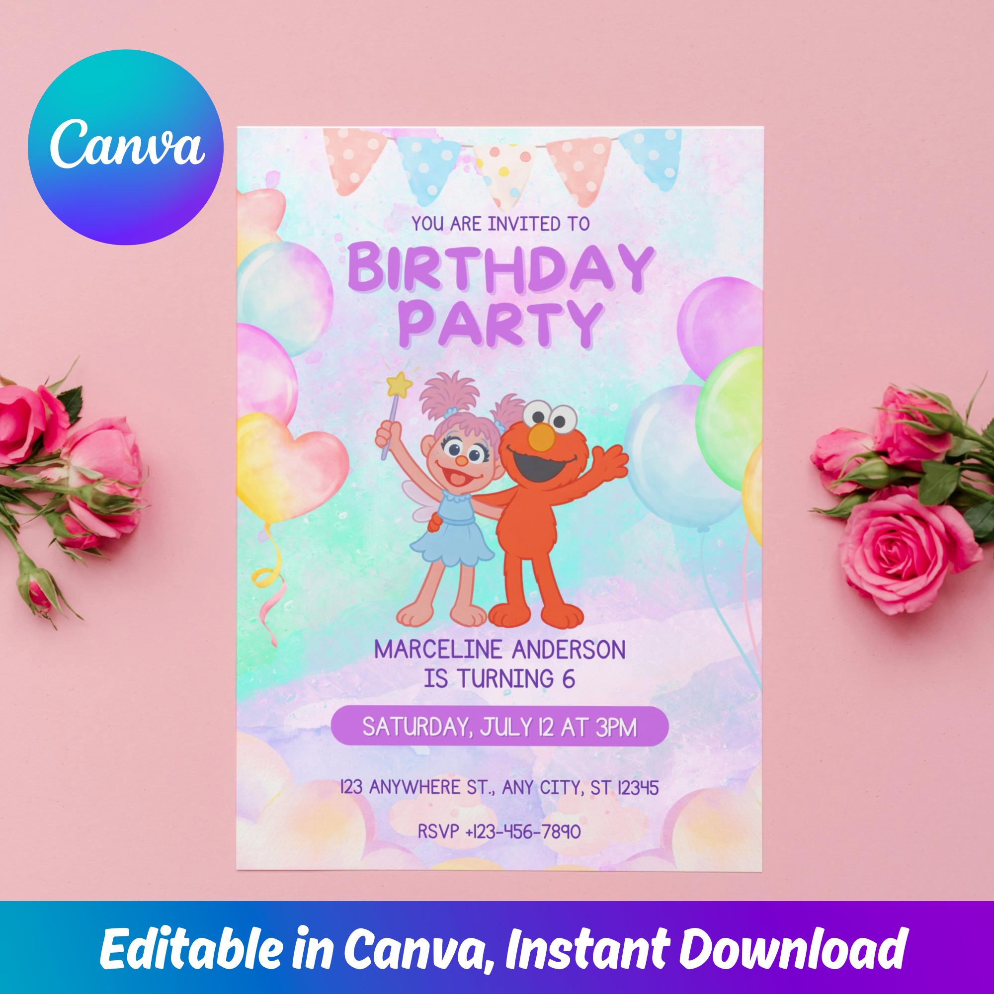 Personalized Abby Cadabby and Elmo Birthday Invitation, Sesame Street Girl Invite, Kids Party Template, Editable Canva Instant Download