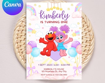 Personalized Abby Cadabby Elmo Birthday Invitation, Sesame Street Girl Invite, Kids Party Template, Editable Canva Instant Download
