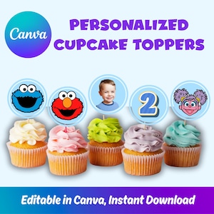 Personalized Cake and Cupcake Toppers with Photo, Sesame Street Theme Printable Party Decor, Birthday Party Decor, Ready to Print
