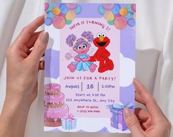 Personalized Abby Cadabby and Elmo Birthday Invitation,Unique Abby Caddaby w/ Cake Sesame Street Girl Invite,Editable Canva Instant Download