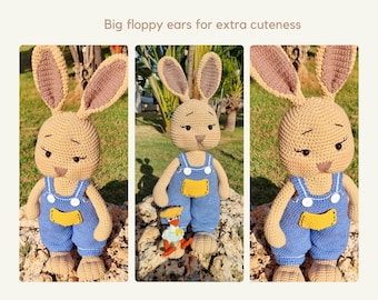 Bunny in Overalls Crochet Pattern PDF | 50cm Amigurumi Rabbit | English & Hebrew | Intermediate Skill | Instant Download