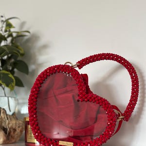 Dazzling crystal bead bag, luxury red handbag, evening bag, glitter handbag, sparkle handbag, heart shape handbag, rhinestone handbag