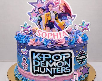 K-Pop Demon Hunters Cake Topper & Stickers | Huntrix Cake Topper PNG | Editable Kpop Birthday Decor | DIY Kpop Party Supplies
