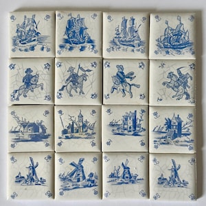 May include: Sixteen square ceramic tiles with blue and white illustrations. The tiles depict sailing ships, horse riders, windmills, and buildings. The illustrations are in a traditional Delftware style.