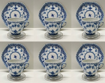 Royal Copenhagen Blue Fluted Half Lace 6x Cup 1035 + 6x Saucer 1036